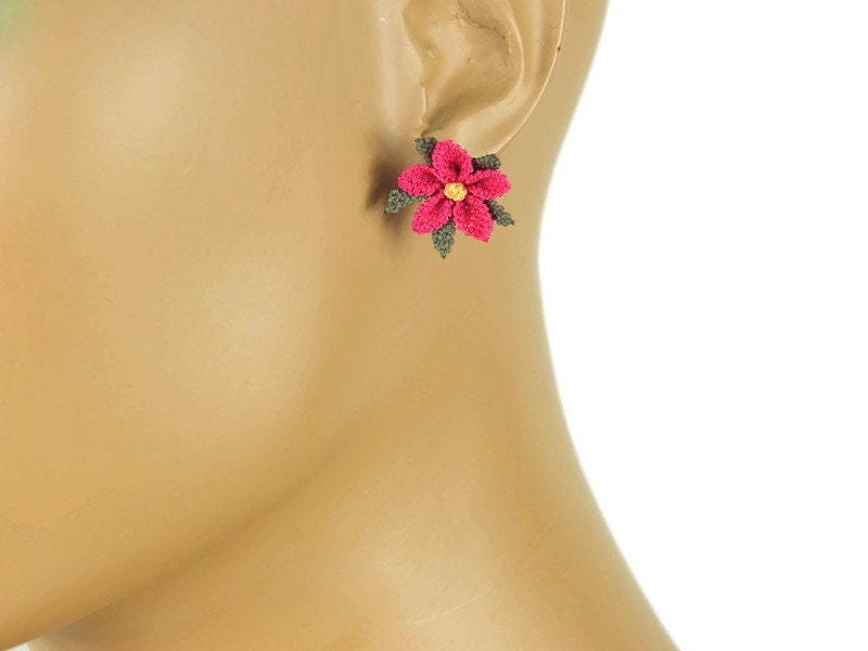 Silk Flower Earrings, Mini Stud Earrings, Needle Lace Turkish Oya Earrings, Boho Crochet Jewelry, Gift for Mother