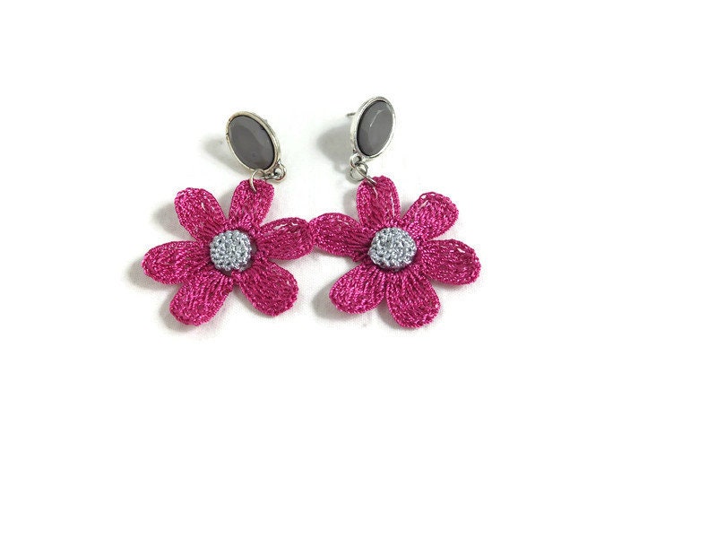 Fuchsia Crochet Earrings Daisy Earrings Crochet Flower Earrings Fashion Earrings Dangle Earrings Floral Earrings Handmade Earrings