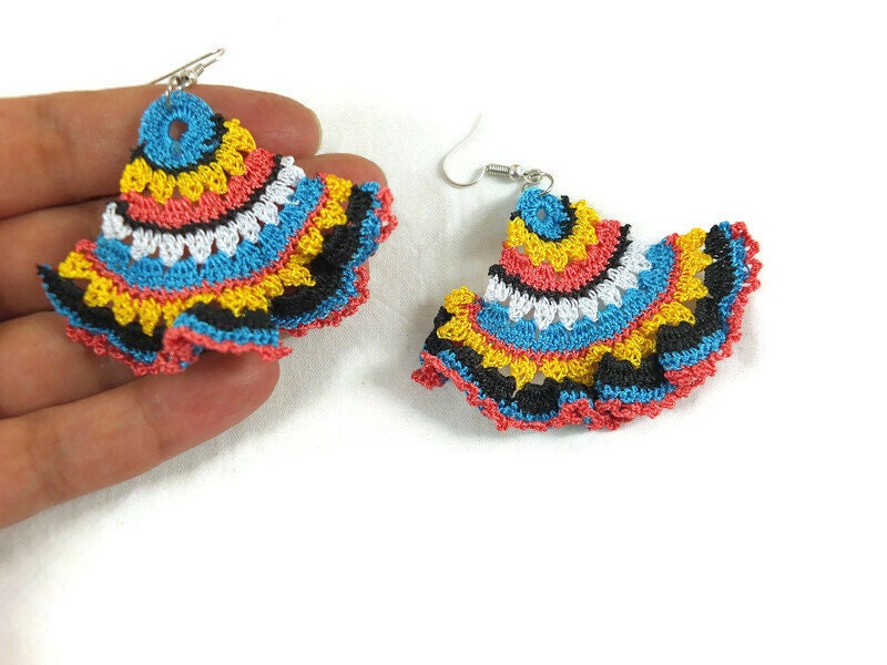 Crochet Dangle Earrings, Crochet Earrings Boho, Boho Chic Large Earrings, Curly Motif Earrings, Colorful Otantic Earrings