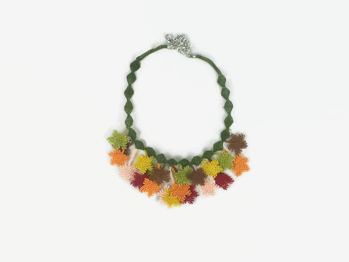 Crochet Necklace Crocheted Leaves Choker Necklace - Fall Colors - Turkish Oya Jewelry - Multicolor Statement Necklace - Tatted Lace Jewelry