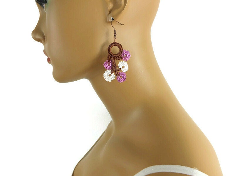 Pink and White Flower Earrings , Crochet Earrings, Crochet Jewelry, Dangle Earrings, Boho Hippie Jewelry , Spring Summer Jewelry