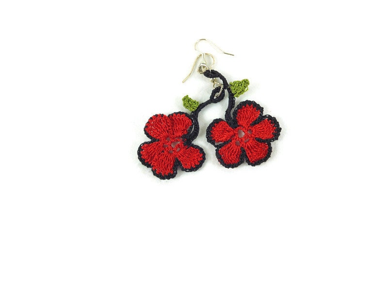 Red Flower Earrings, Dangle Earrings, Crochet Earrings, Crochet Jewelry, Boho Hippie Jewelry , Gift For Her, Summer Jewelry