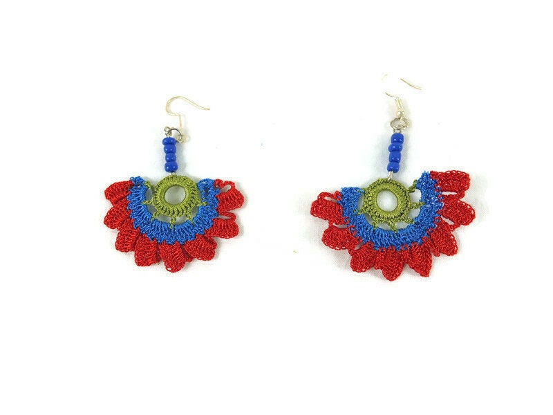 Red and Blue Flower Earrings , Crochet Earrings, Crochet Jewelry, Dangle Earrings, Boho Hippie Jewelry , Spring Summer Jewelry