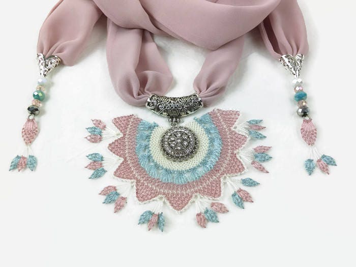 Boho Necklace - Crochet Pendant Scarf - Jeweled Trendy Scarf Meaningful Scarf Necklace - Crochet Jewelry – Chiffon Dusty Pink Scarf Pendant
