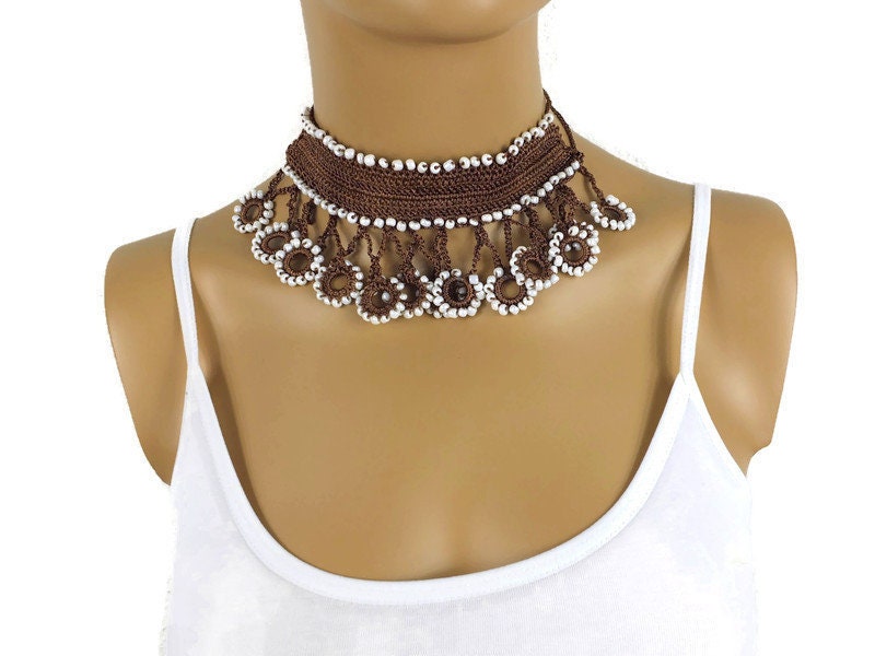 BEAD CROCHET NECKLACE, Unique Brown Choker, Gifts For Her, Crochet Jewelry,