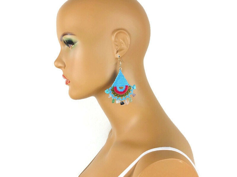 BLUE CROCHET EARRINGS - Statement Festival Earring - Trendy Earring - Boho Earring - Crochet Colorful Earring - Lightweight Earring