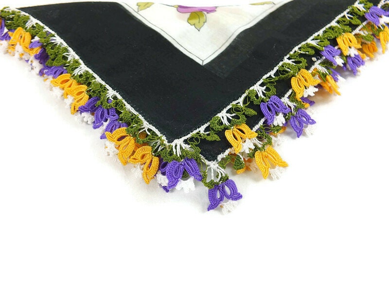 Turkish Oya Scarf - Black Floral - Crochet Flower Edges - Square Headscarf - Turban Headwrap, Boho Tribal Gypsy