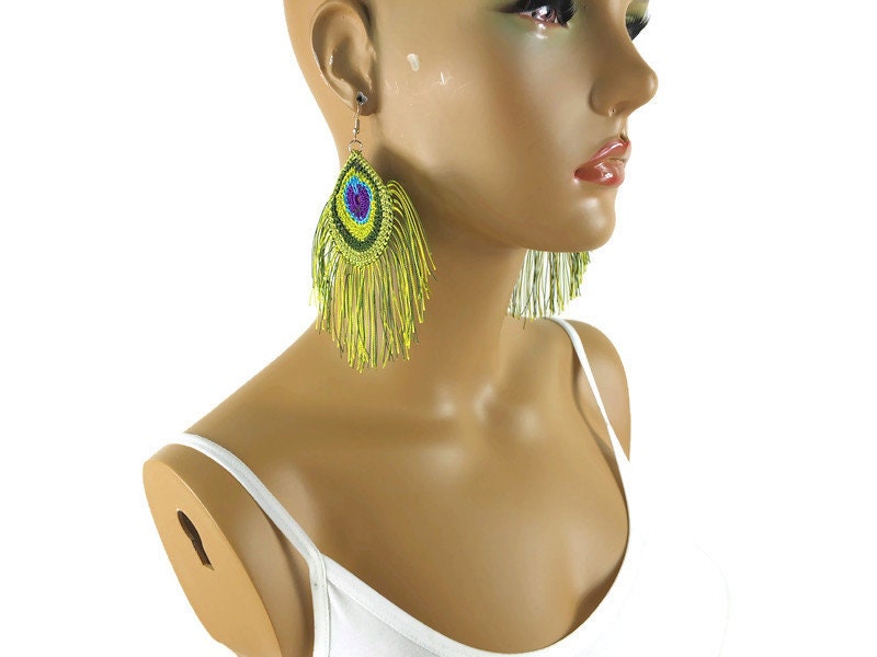 PEACOCK EARRINGS CROCHET Earrings, Festival Earring - Trendy Earring - Fringe Boho Earring - Colorful Earring - Gift For Her,
