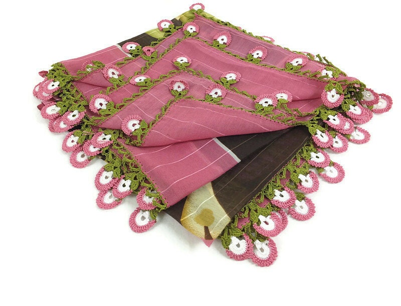  Turkish Oya scarf - Floral - Crochet Flower Edges - Square Headscarf - Turban Headwrap, boho Tribal gypsy
