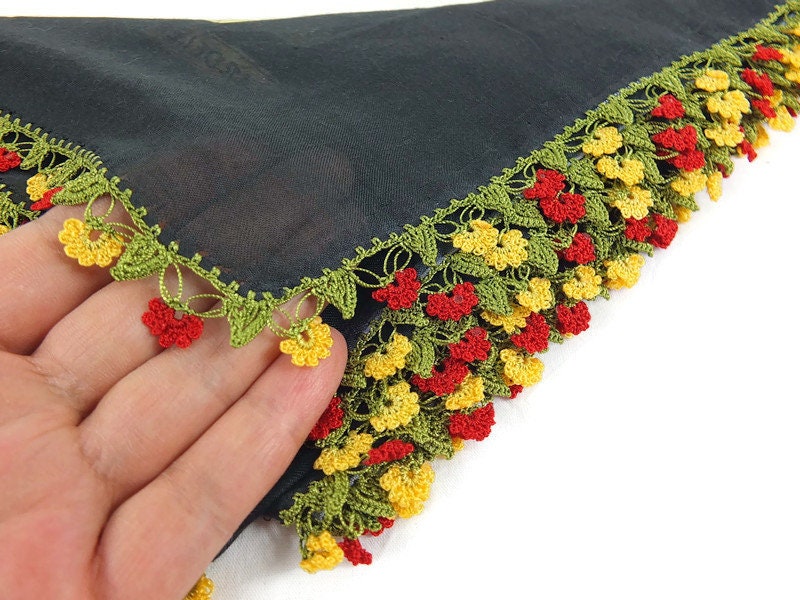 Turkish Oya Scarf - Black Floral - Crochet Edges - Womens Square Headscarf - Turban Headwrap