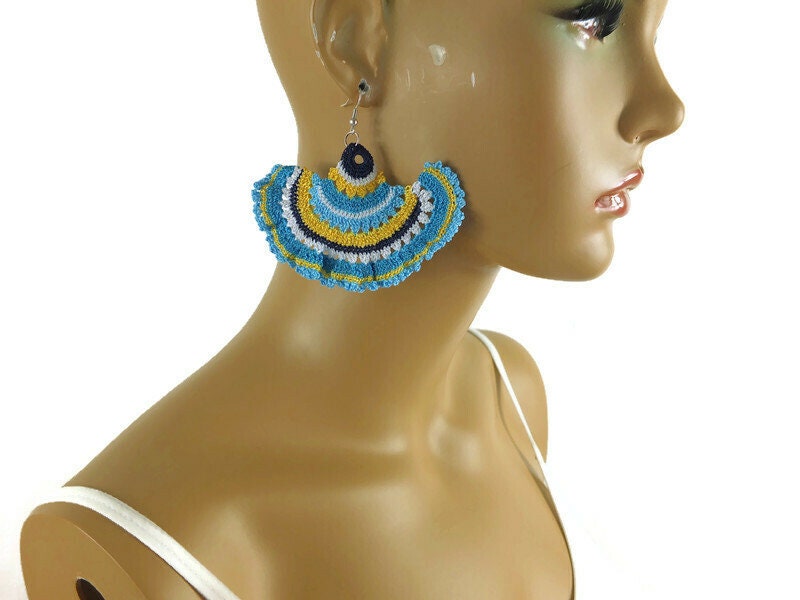 Crochet Dangle Earrings, Crochet Earrings Boho, Boho Chic Large Earrings, Curly Motif Earrings, Colorful Otantic Earrings