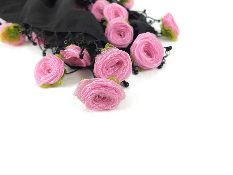 Black Scarf With Pink ribbon rose and crochet edges, Square Head Scarf, Turkish Scarf, Muslim Headwear, Gift for Mom