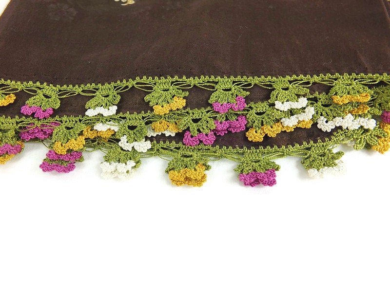 Turkish Oya Scarf - Floral - Crochet Flower Oya Lace Edges - Square Headscarf - Turban Headwrap