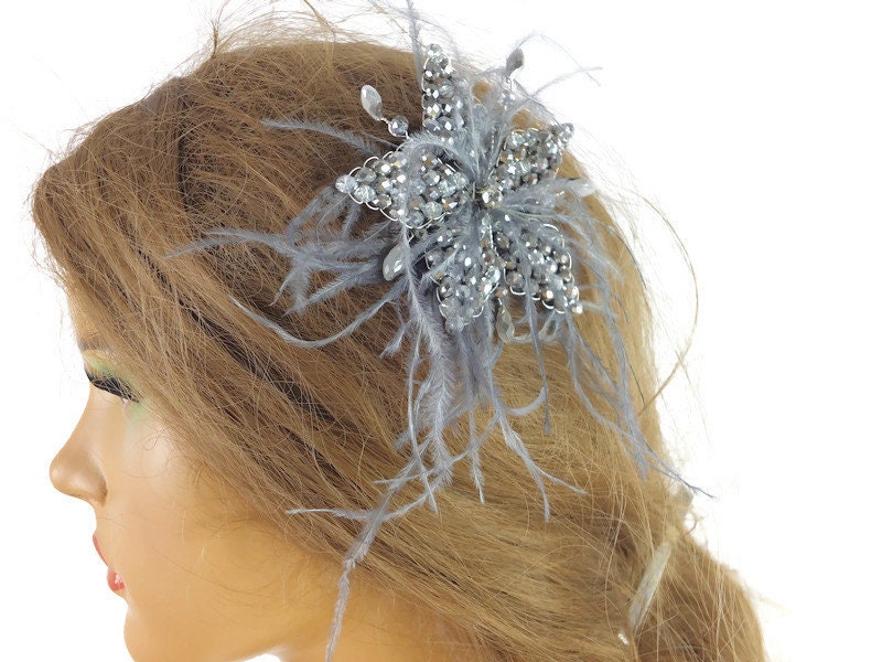 Bridal Head Pieces, Wedding Hair Piece, Gray color beaded feather haie jewelry