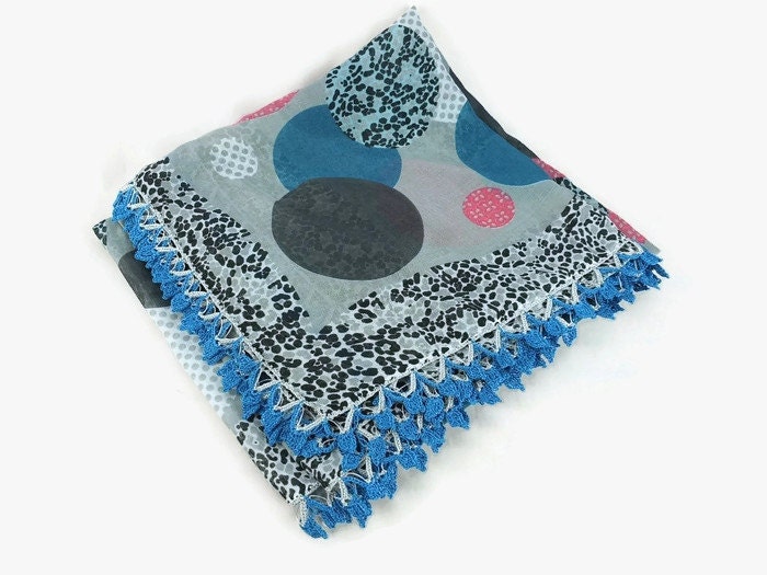 Turkish Oya scarf - Multicolor Geometric - Crochet Flower Edges - Square Headscarf - Turban Headwrap