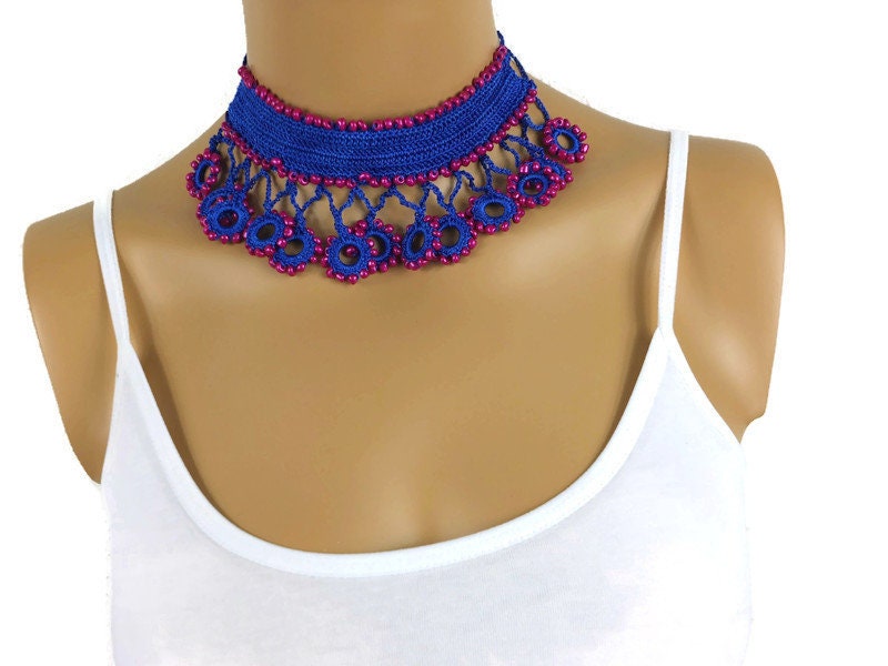 Bead Crochet Necklace, Unique Blue Choker, Gifts For Her, Crochet Jewelry,