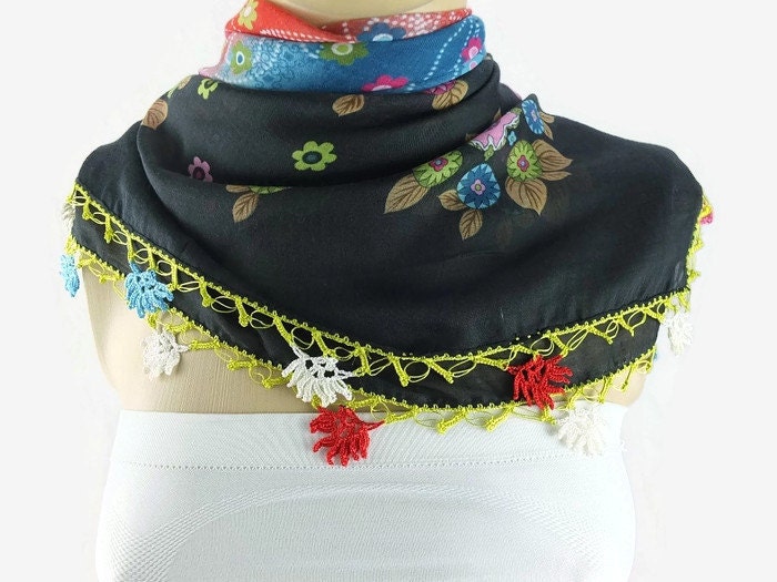  Turkish Oya scarf - Black Floral - Crochet Flower Edges - Womens Square Headscarf - Turban Headwrap