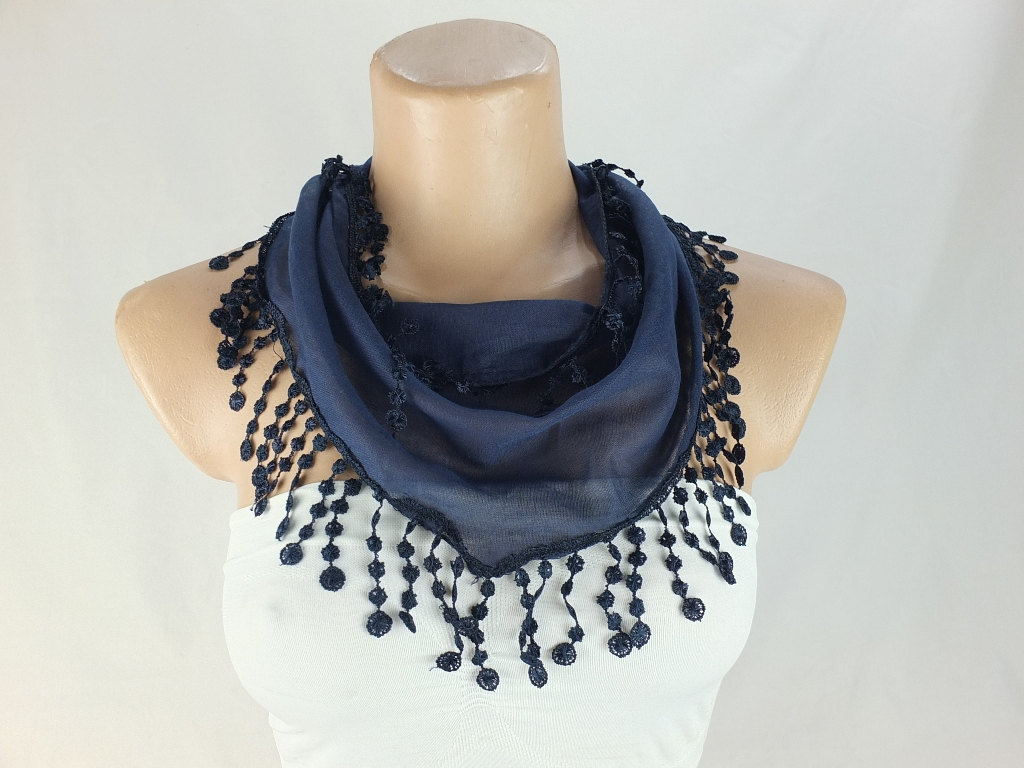 Navy Blue Scarf, Cotton Scarf,cowl With Polyester Trim,neckwarmer, Scarf Necklace, Foulard,navy Blue Scarflette,christmas Gift For Her