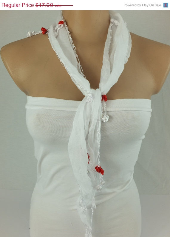 White Scarf ,cotton Scarf, Cowl With Hand Crochet Edges , Turkish Oya Scarf,scarf Necklace, Foulard,scarflette,
