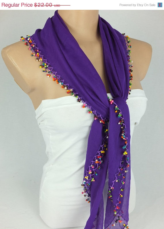 Purple Scarf With Crocheted Bead Edges, Square Head Scarf,traditional Turkish Scarf Shawl, Gift For Her,