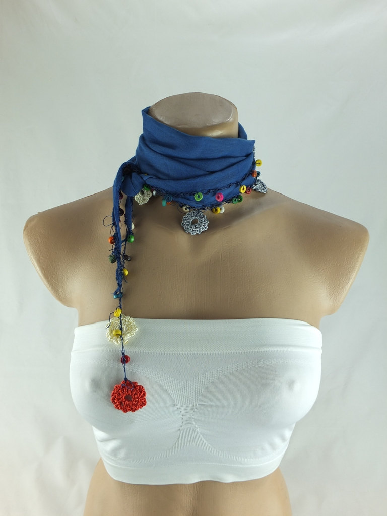 Blue Cotton Scarf With Crochet Flower Edges ,blue Scarflette , Cowl With Crochet Flowers , Scarf Necklace, Cotton Blue Foulard, Gift For Her