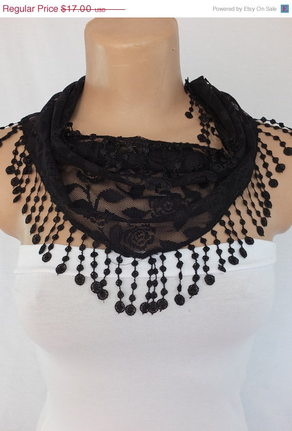 Black lace scarf , black cowl with lace trim,summer scarf, neck scarf, foulard,scarflette,bandana