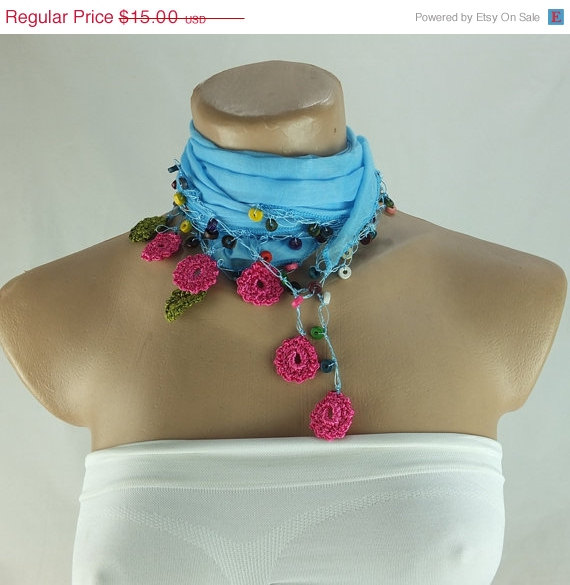 Light Blue Scarf With Crochet Flower Edges ,scarflette , Cowl With Crochet Flowers , Scarf Necklace, Cotton Blue Foulard, Gift For Her
