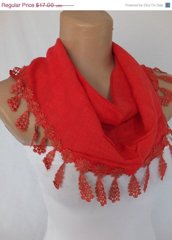 Red Cotton Scarf, Cowl With Lace Flower Trim,women Accessory,neckwarmer, Foulard,scarflette