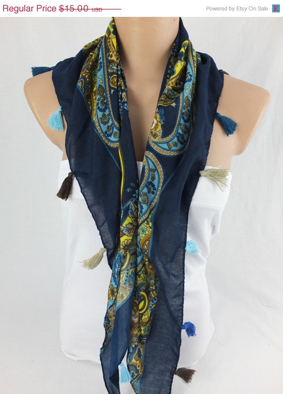 Floral blue scarf shawl, cowl with tassel trim , fashion winter scarf, gift for her