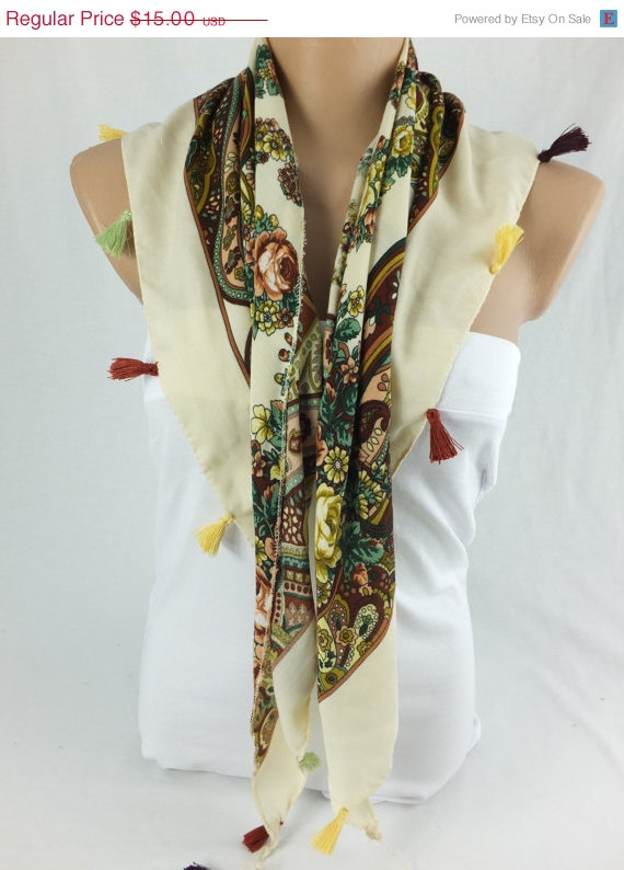 Multicolor floral scarf shawl, cowl with tassel trim , fashion winter scarf, gift for her