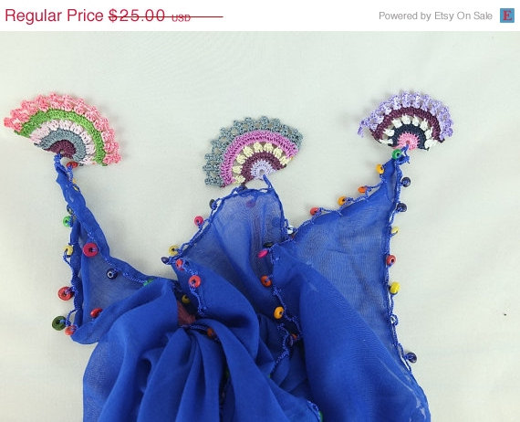 Blue Scarf , Cotton Scarf With Crochet Edges , Triangle Fabric Shawl, Oya Scarf, Bohemian Scarf Gift Ideas For Her