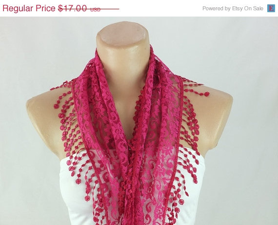 Fuchsia Lace Scarf , Cowl With Lace Trim,summer Scarf, Neck Scarf, Foulard,scarflette,bandana, Pink Scarf, Gift Ideas For Her