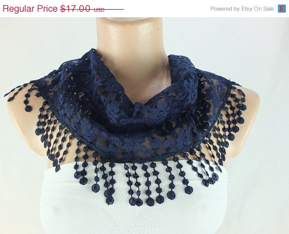 Navy blue lace scarf , cowl with lace trim,summer scarf, neck scarf, foulard,scarflette,bandana, hot pink scarf, gift ideas for her