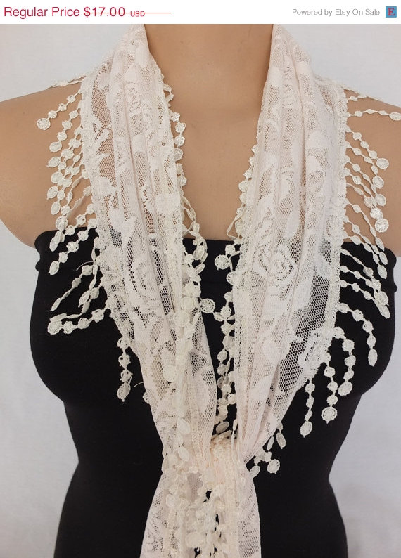 Champagne Color Lace Scarf , Cowl With Lace Trim, Bridal Scarf ,summer Scarf, Neck Scarf, Foulard,scarflette,bandana