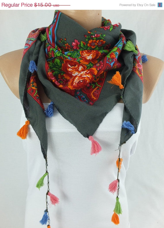 Floral Gray Scarf Shawl, Cowl With Tassel Trim , Fashion Winter Scarf, Gift For Her