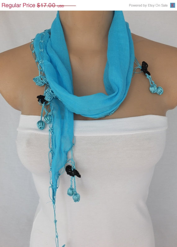 Blue Cotton Scarf ,blue Cowl With Hand Crochet Edges , Turkish Oya Scarf,scarf Necklace, Foulard,scarflette,