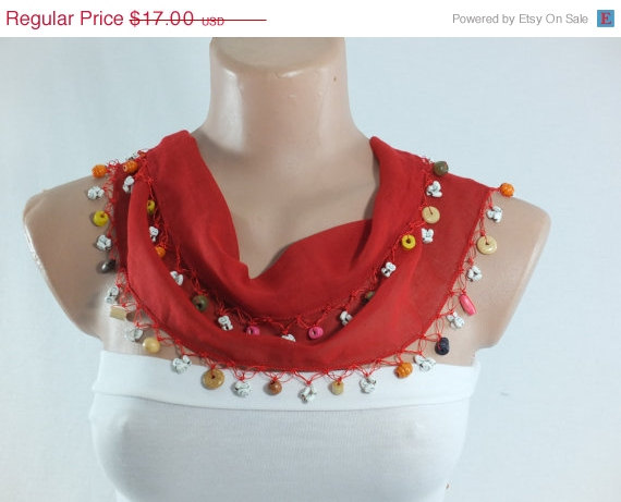 Dark Red Scarf, Cotton Scarf , Cowl With Beaded Edges , ,scarf Necklace, Foulard,scarflette,teachers Gift