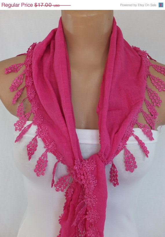 Pink Cotton Scarf, Cowl With Lace Flower Trim,women Accessory,neckwarmer, Foulard,scarflette