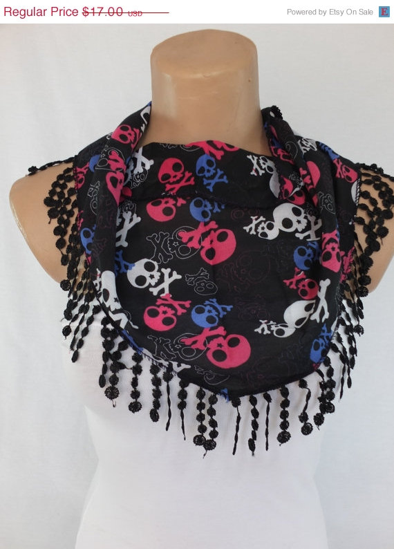 Skulls scarf , black fashion scarf, cowl with lace trim,summer scarf, bib scarf , foulard,scarflette,