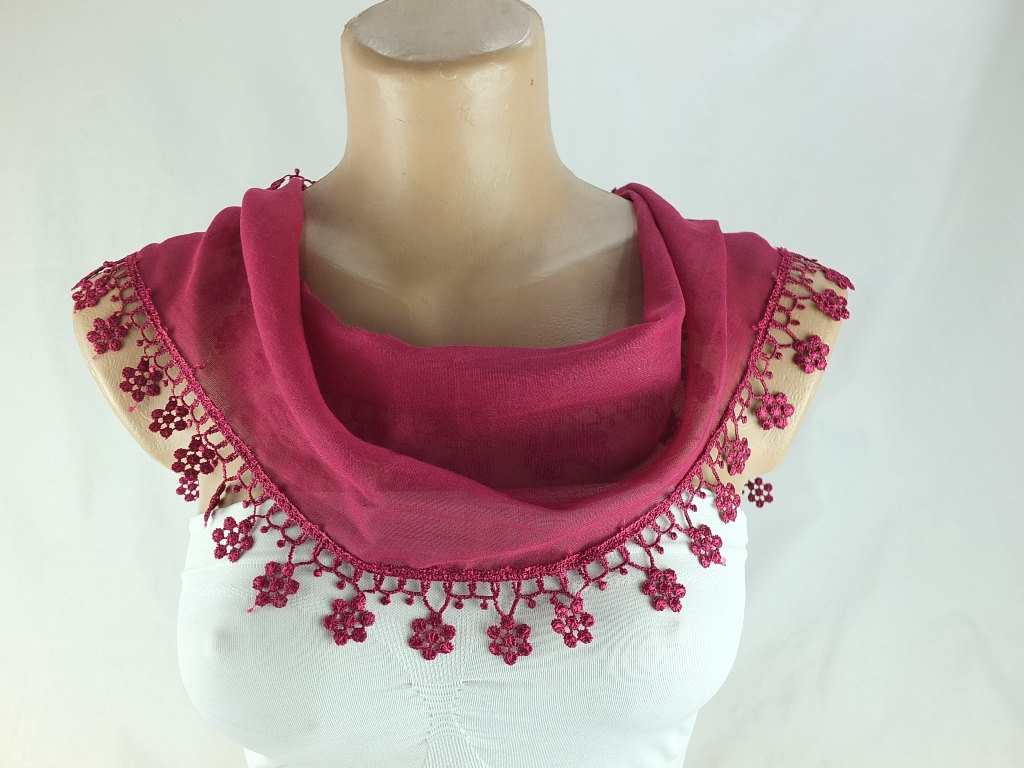 Fuchsia-dark Pink Scarf, Fringed Cotton Scarf , Cowl With Lace Trim,neckwarmer, Scarf Necklace, Bridesmate Gift, Foulard,scarflette,