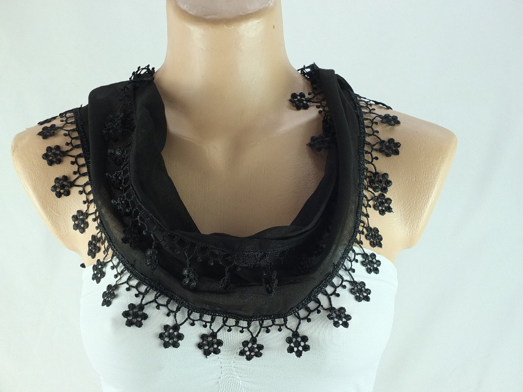 Black Cotton Scarf, Cowl With Lace Flower Trim,women Accessory,neckwarmer, Scarf Necklace, Foulard,scarf