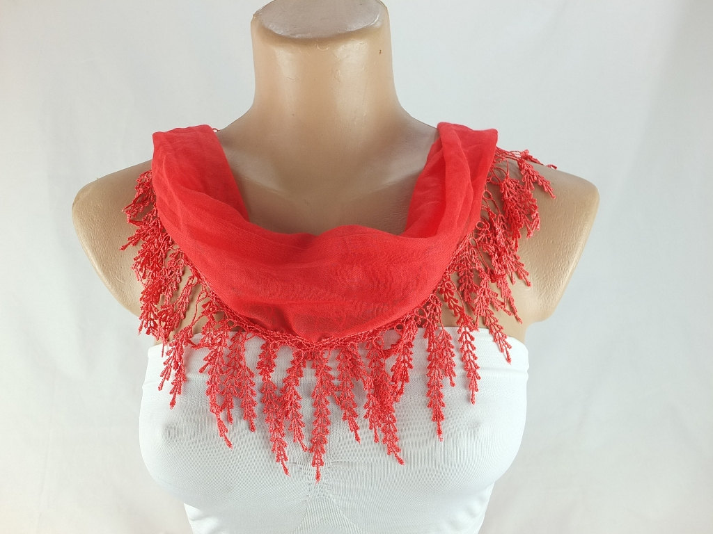 Coral Red scarf , lace trim scarf, fringed scarf, Cotton foulard, Neck scarf, cotton foulard, gift ideas for her
