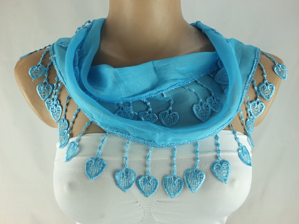 Light Blue Scarf, Cotton Scarf,cowl With Polyester Heart Trim,neckwarmer, Foulard,navy Blue Scarflette, Christmas Gift For Her