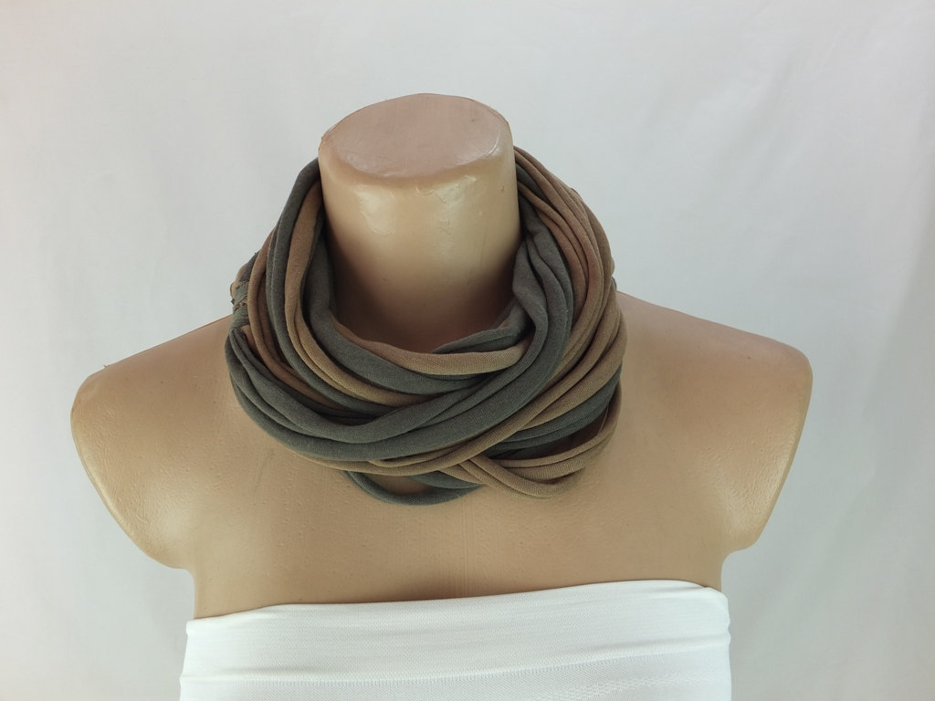 Infinity Scarf, Khaki Green And Taupe Long Ring Scarf, Fabric Necklace, Scarf Necklace, Gift Ideas For Her , Chunky Tshirt Scarf