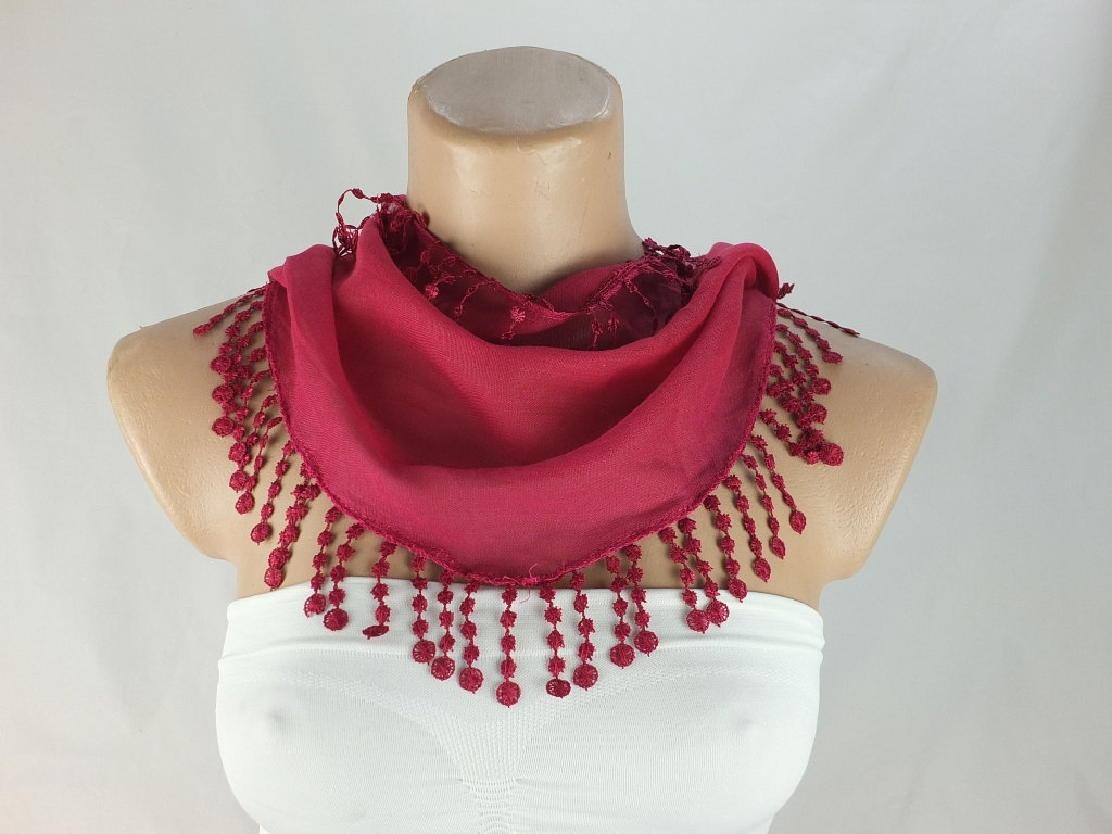 Fuchsia-dark Pink Scarf, Fringed Cotton , Cowl With Lace Trim,neckwarmer, Scarf Necklace, Bridesmate Gift, Foulard,scarflette,