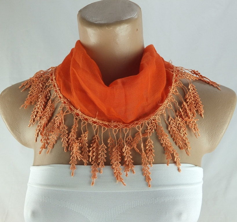 Pumpkin orange scarf , lace trim scarf, fringed scarf, Cotton foulard, Neck scarf, cotton foulard, gift ideas for her