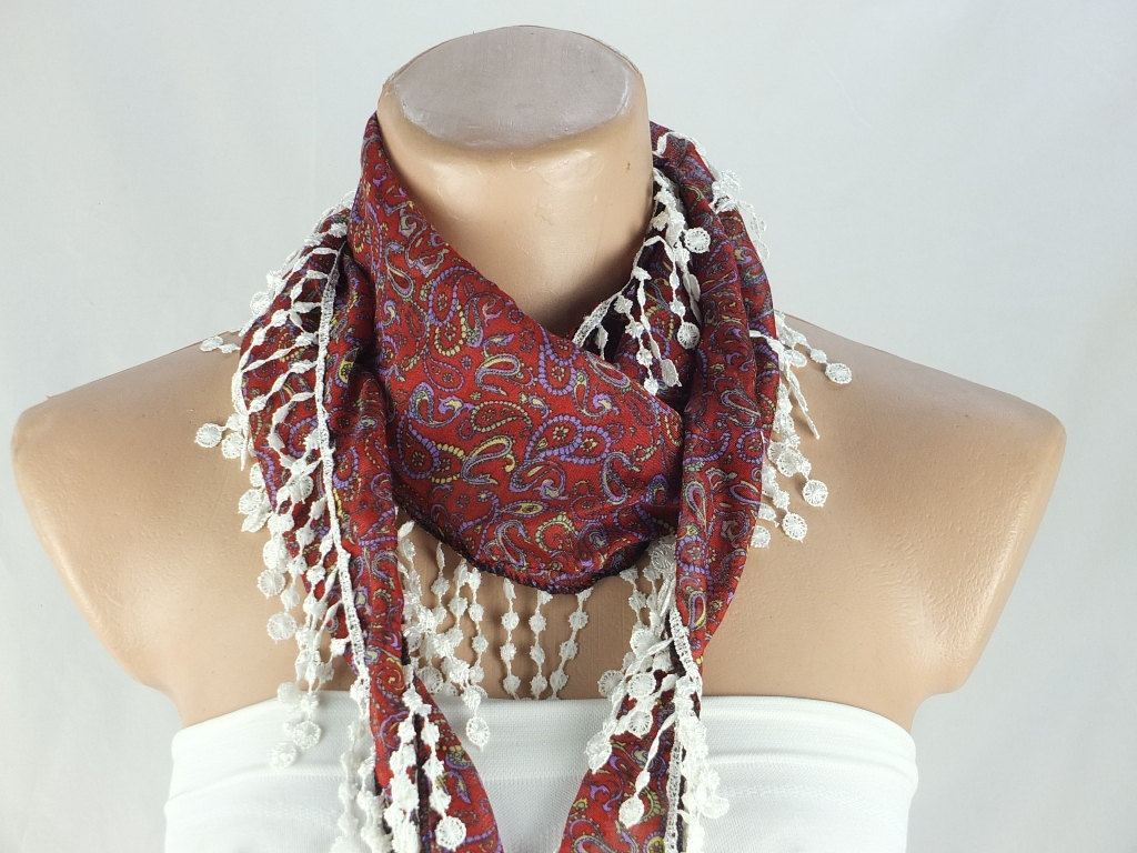 Bordeaux Paisley Scarf, Fringed Scarf, Cotton Scarf, Cowl With Polyester Trim,neckwarmer, Scarf Necklace, Foulard, Scarflette,gift For Her