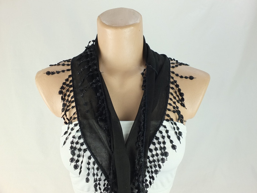 Black Scarf, Cotton Scarf, Cowl With Lace Trim,neckwarmer, Scarf Necklace, Black Foulard,black Scarflette, Gift For Her