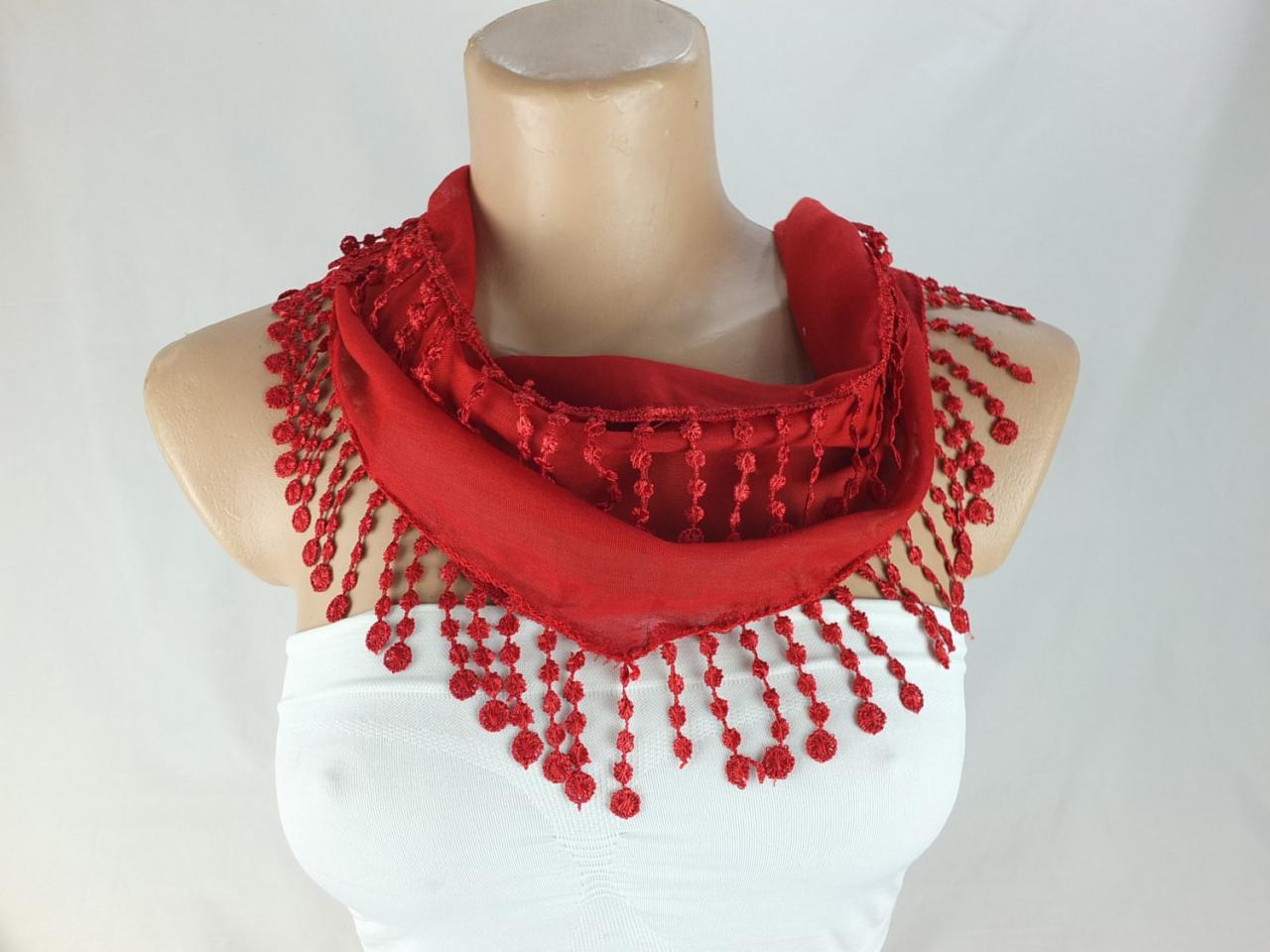Dark Red Scarf, Cotton Scarf, Cowl With Polyester Trim, Cotton Neckwarmer, Scarf Necklace, Womens Foulard,scarflette, Christmast Gift