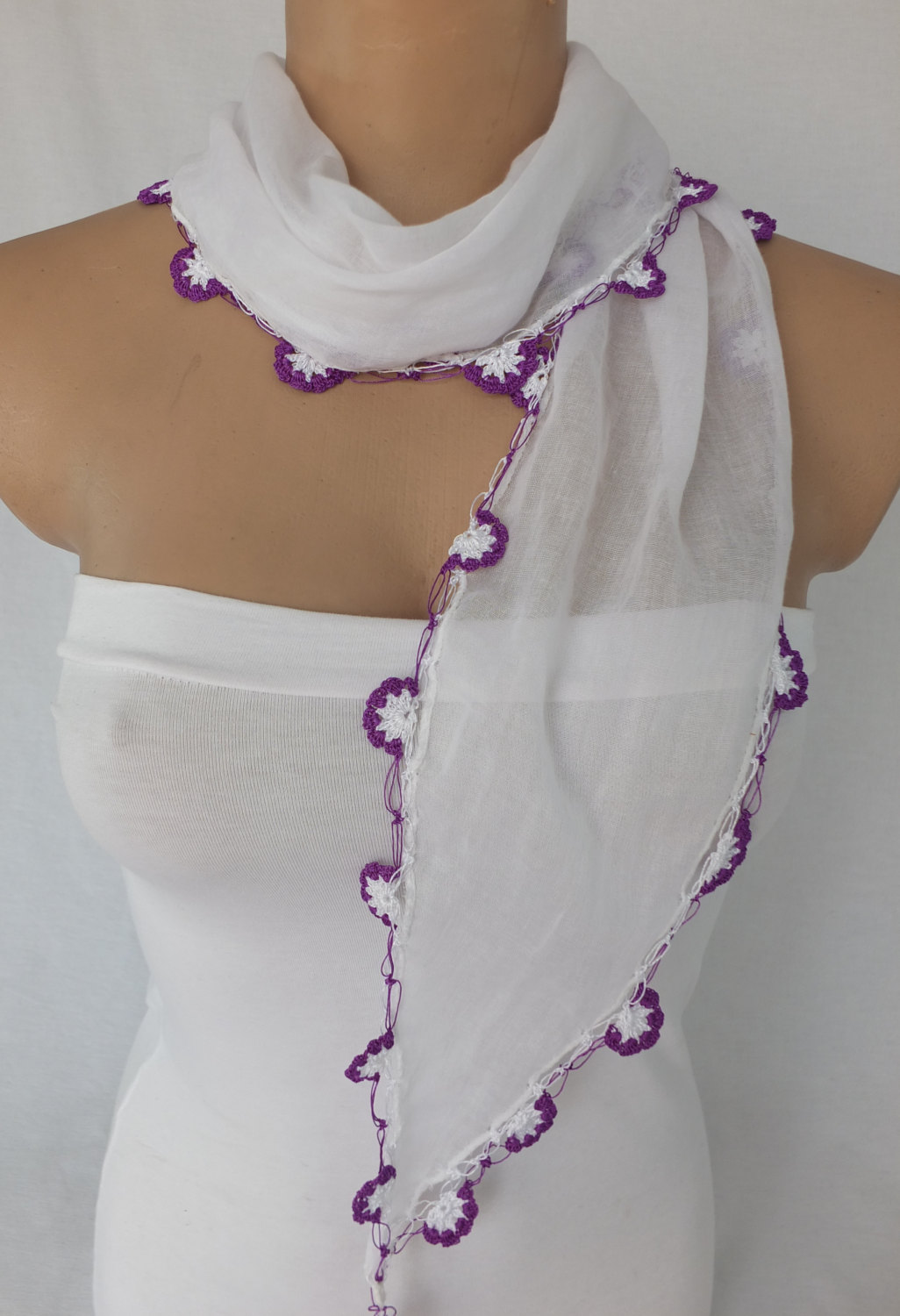 White Cotton Scarf, Cowl With Crochet Flowers , Turkish Oya Scarf,scarf Necklace, Foulard,scarflette,